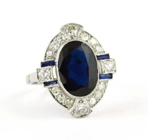 Art Deco Oval Sapphire & Lab-Created Diamond Wedding 14K White Gold Filled Ring