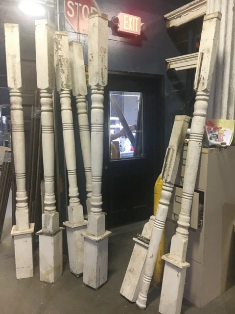 5 turned porch posts 2 pilasters c1900 antique OH farmhouse 92.5” x 4 5/8” sq