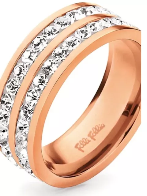 🆕AUTHENTIC Folli Follie Double Line Pave Crystal Band Ring-Rose Gold Tone EU 56