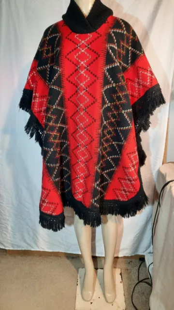 Hand Woven Wool-blend Poncho Aztec Mexico Heavy Warm Knit Collar Red Black