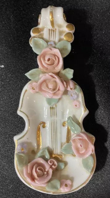Hand Painted Porcelain Violin cello with Roses Figurine from Lefton China 4 1/2"