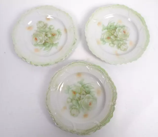 Antique Leuchtenburg Germany 6" Bread Butter Plate Roses Green White Set of 3