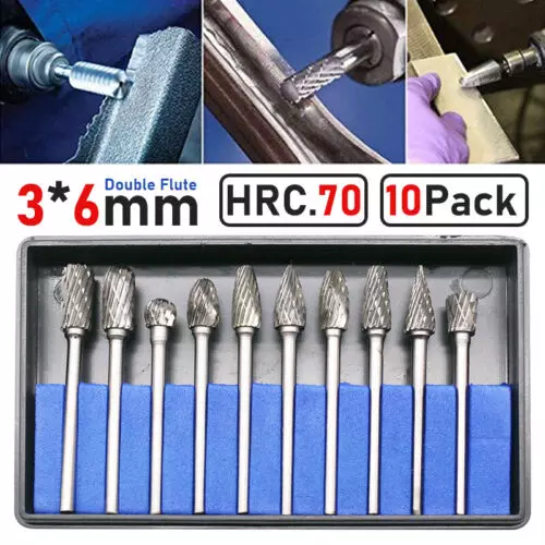 10x Tungsten Carbide Steel Rotary Burrs Bits 3*6mm Shank Metal Tool Set