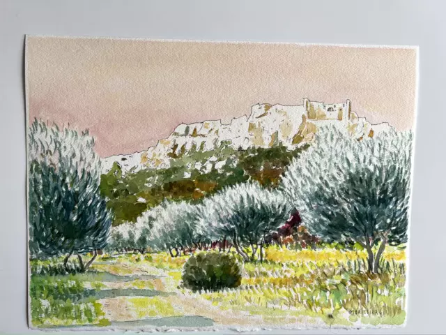 Aquarelle Originale De Morissier : Les Baux De Provence