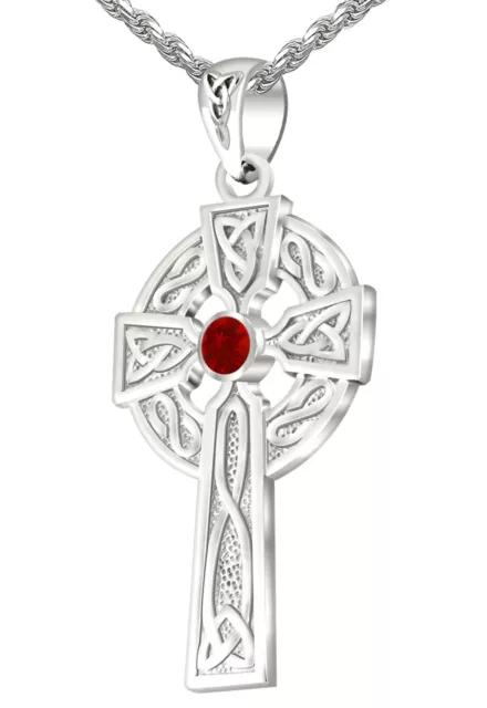 1.5" Men Sterling Silver Celtic Knot Cross Ruby July Birthstone Pendant Necklace