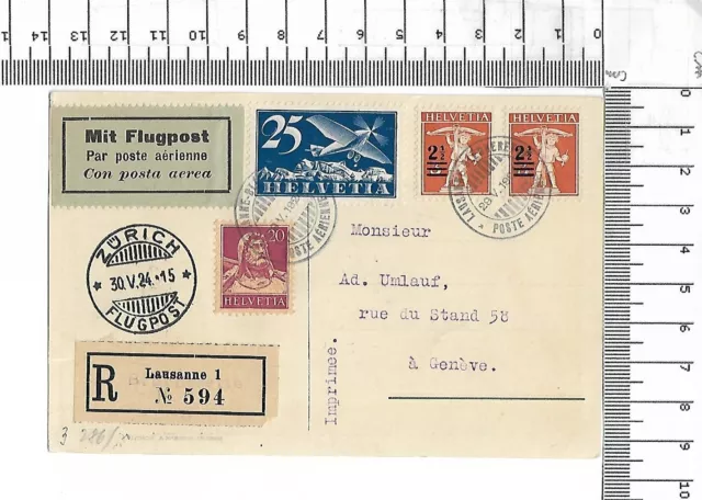1924 Helvetia R-Zettel Lausanne 1 Überdruck Blecherette Postkarte Geneve ; 61996