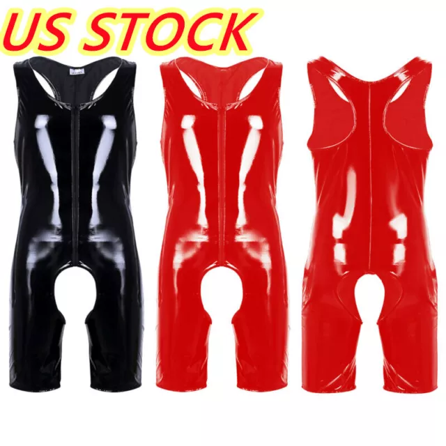 US Men's Shiny Wet Look Faux Leather Sleeveless Zipper Bodysuit Catsuit Clubwear