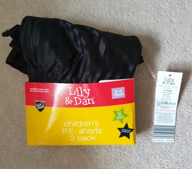 Pantaloncini PE Lily & Dan New School neri taglia età 3-4 anni nuovi con etichette confezione da 2