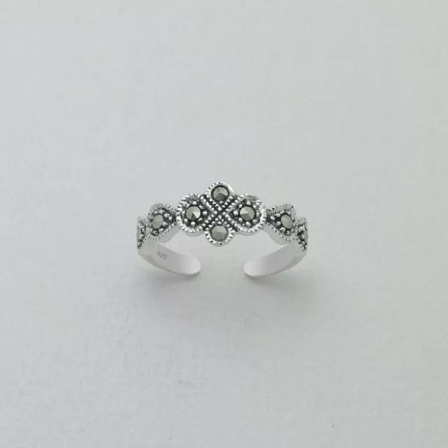 TJS 925 Sterling Silver Marcasite Flower Leaf Design Toe Ring Adjustable