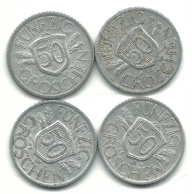 High Grade Lot 4 Austria Aluminum 50 Groschen Coins-(2)1946,(2)1947-Jan631