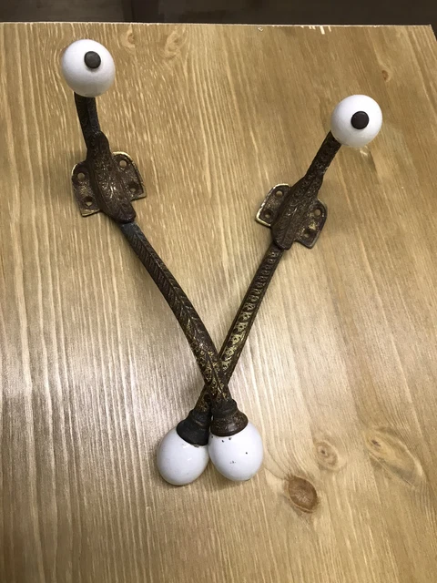 Original Pair Antique Victorian Brass Coat Hooks Old X 2 Metal Reclaimed Vintage 2