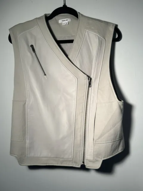 Helmut Lang Vest Womens Size Medium Nimbus Lamb Leather Cotton Beige Moto Biker