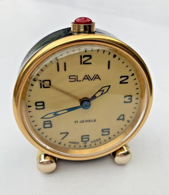 VINTAGE MECHANICAL ALARM Clock Slava 11 Jewels Russian Russia Soviet ...