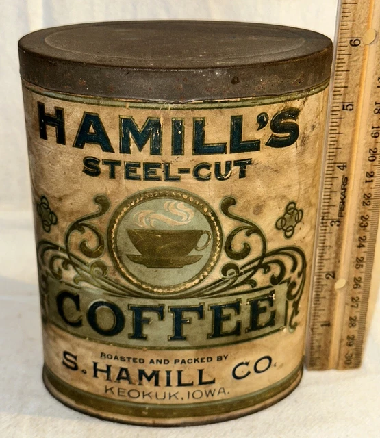 ANTIQUE HAMILL'S COFFEE Tin 1Lb Oval Can Keokuk Iowa Ia Country Store