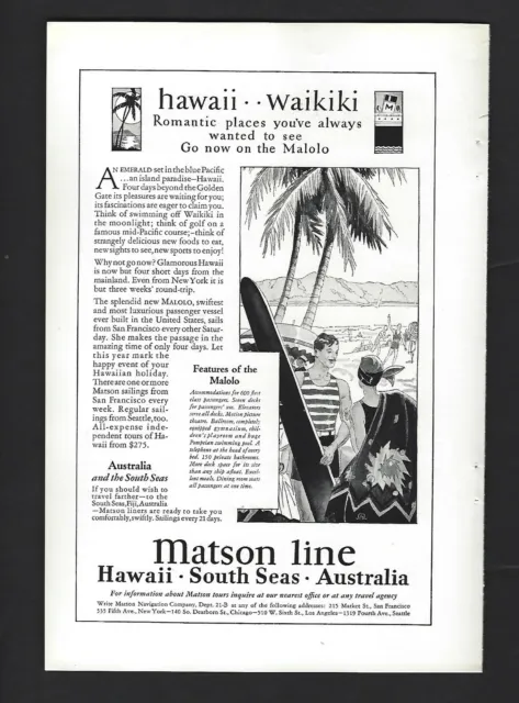 1928 Matson Line Hawaii Waikiki South Seas Australia Malolo Cruise Ship Print Ad