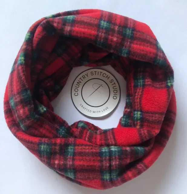 Snood Cowl Circle Scarf Tartan Check Handmade Polar Fleece anti Pill Red Green