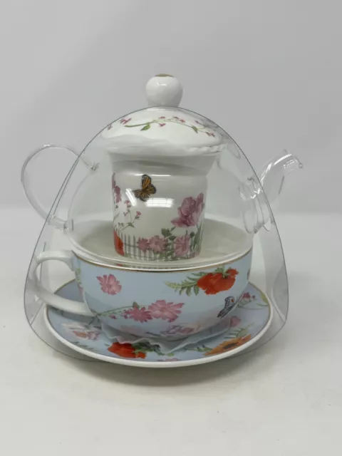 GRACE TEAWARE FLORAL Teapot W/infuser Teacup Saucer Set Single Serving ...