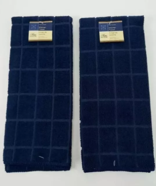 Dark Blue Kitchen Dish Hand Towels Lot of 2 Windowpane Navy Blue Bathroom Towels