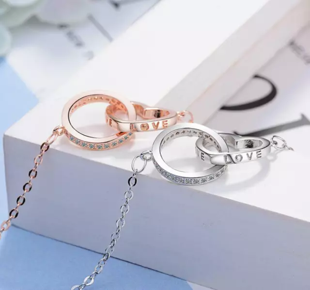 Love Heart Ring Silver /Rose Gold Pave Cubic Zirconia Pendant Chain Necklace