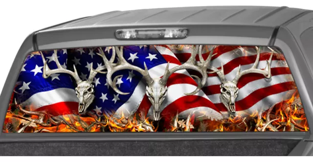 Waving American Flag Buck Skull Flames Rear Window Graphic Decal Tint suv camo