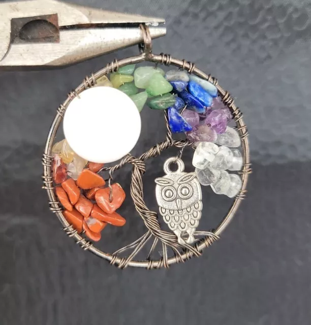 Handmade Twisted Metal Pendant Owl Full MOON Charm Natural Stones REIKI HEALING