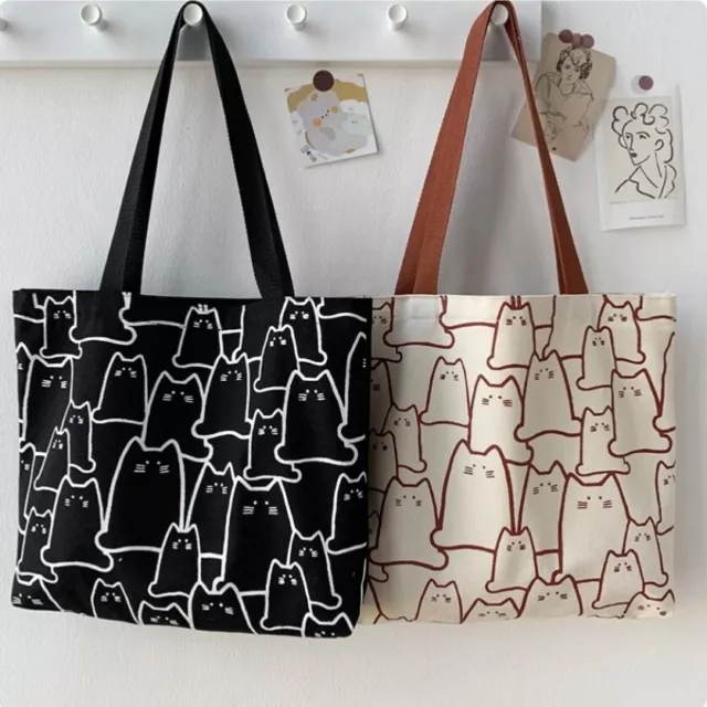 Canvas Handbags For Women Cat Print Tote Bag Japanese Style Shoulder Bag