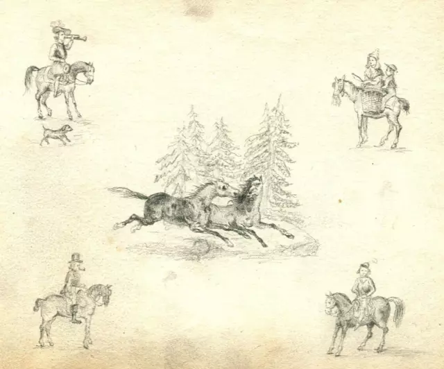 Dibujo original a lápiz antiguo del siglo XIX de caballos, escenas de caza