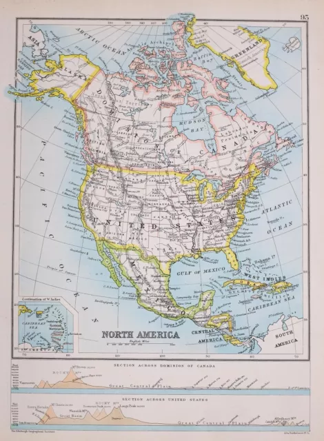 1894 Map North America United States Mexico West Indies Central America Alaska