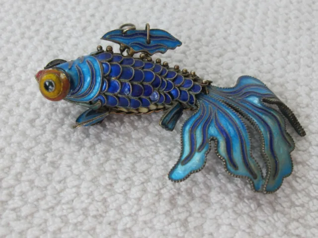 Vintage Chinese Silver Filigree Cloisonne Enamel Articulated Koi Fish P5