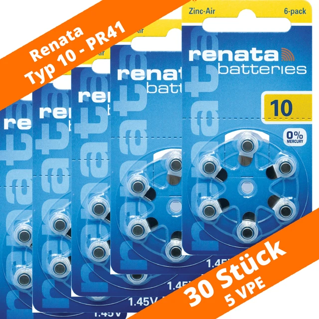 30 pilas de audífonos Renata PR70 amarillo 10 PR70 5 x 6 blíster NUEVO 1,45V