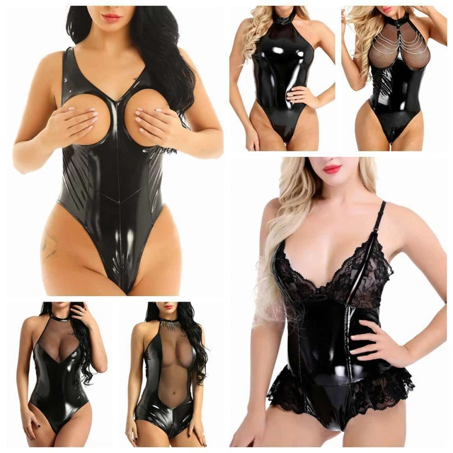 WOMEN SEXY LINGERIE PU Leather Bodysuit Wet Look Jumpsuit Club Leotard  Romper £16.08