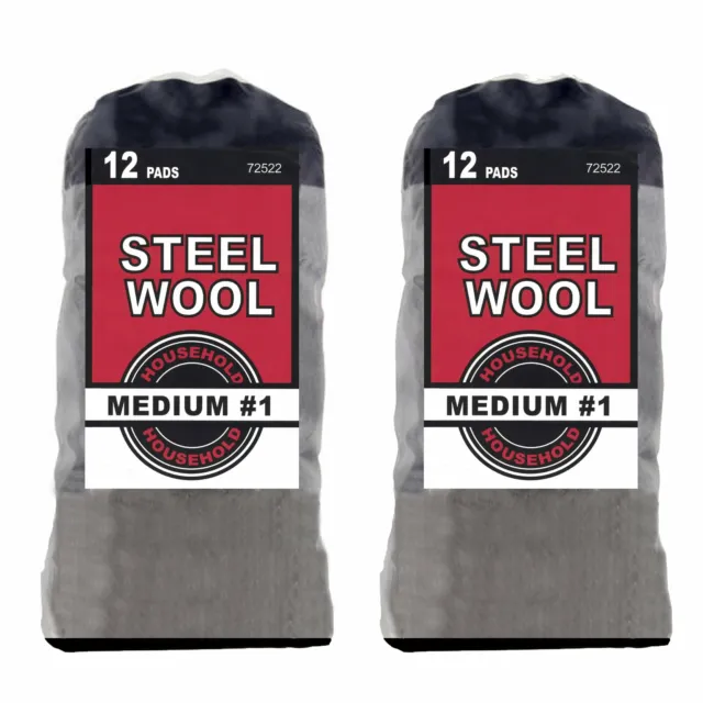 2-Pack Household Steel Wool 12 Pads, Medium Grade #1 (2 Bags of 12 Pads, Total 2