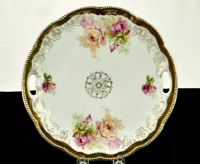 Vintage Porcelain 9" Serving Plate, Pink & Red Roses, Gold Trim, Open Handles