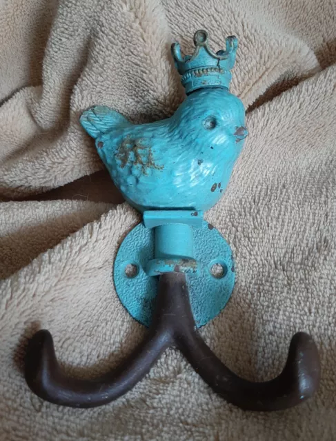 Vintage Iron Wall Double Hook w/ Sparrow wearing Crown Very Rare 1 Of A Kind.