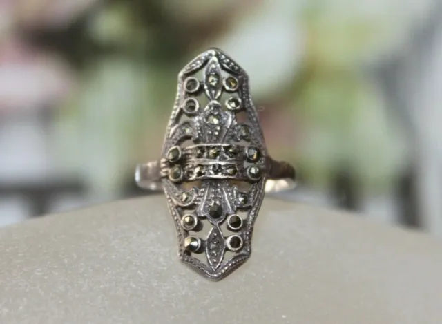 Vtg Art Deco Antique 925 Elongated Sterling Silver Marcasite Cocktail Ring 8 1/4