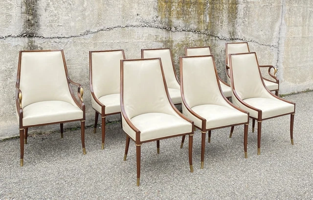 Antico Set 8 Sedie Bergere Gondola Impero Francese Mogano Ottone Pelle Oro 1800