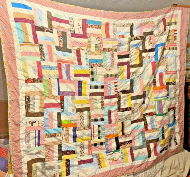 Vintage Mid-Century Log Cabin Patchwork Knotted Quilt ~88" x ~84"