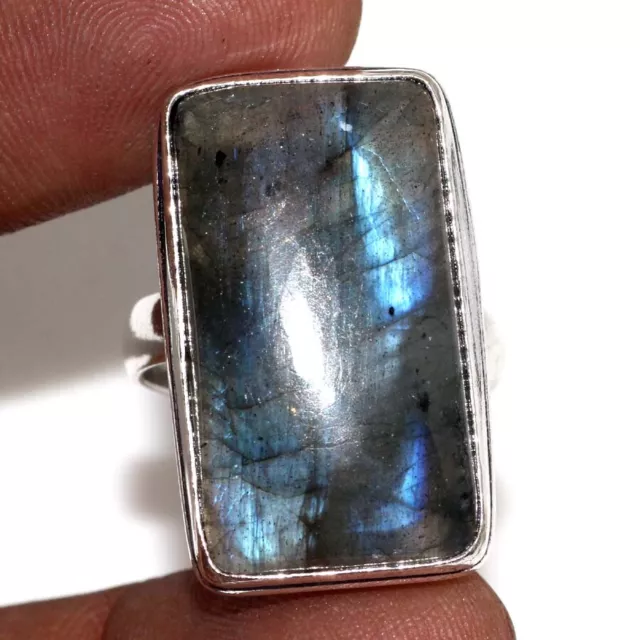 925 Silver Plated-Fiery Labradorite Ethnic Gemstone Ring Jewelry US Size-7.5 a96
