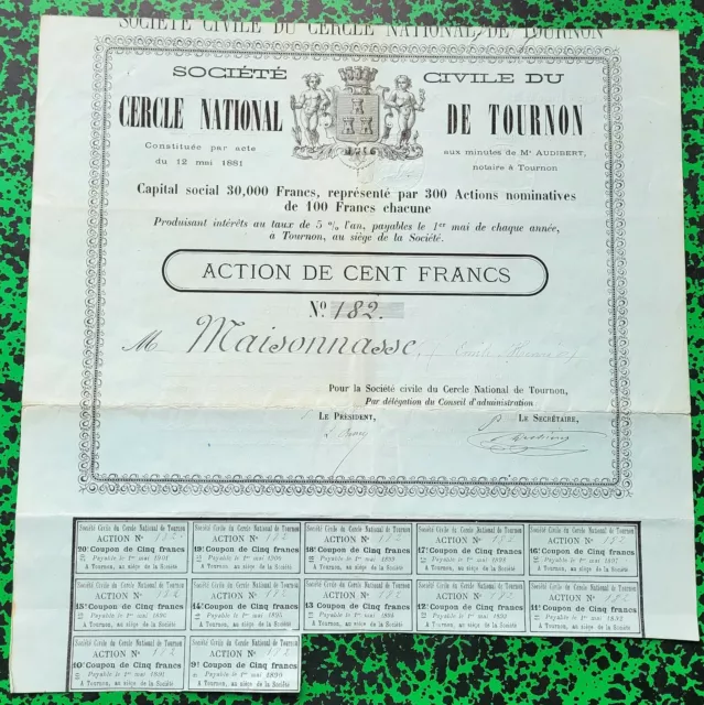 Dépt 07 - Tournon - Déco Rarissime Cercle (Jeux ??) National de Tournon de 1881