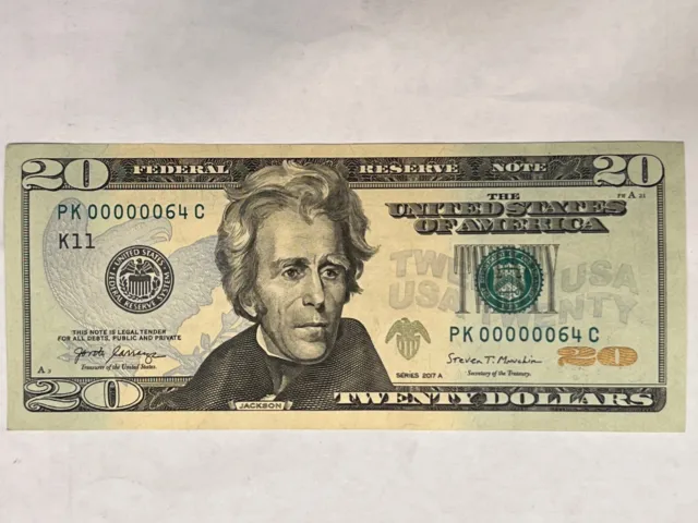 collectible 2017A $20 serial number PK00000064C Excellent Condition 
