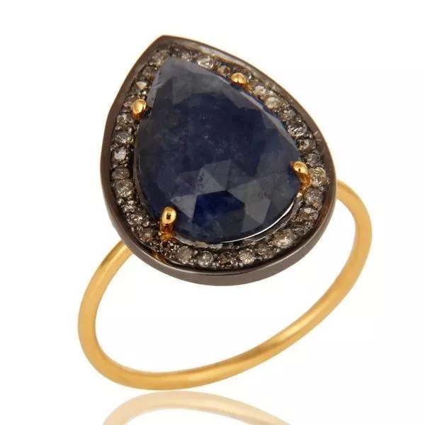 Pave Diamond Natural Blue Sapphire Ring 14K Gold Plated Sterling Silver Jewlery