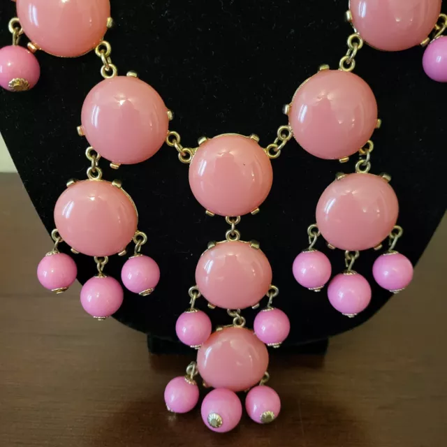 Ily Couture Statement Bib Necklace Pink Round Lucite Stones Dangles 15" Drop 3