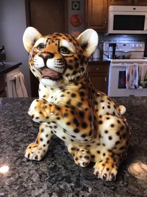 AFRICAN SAFARI DECOR BEGGING JAGUAR CUB Hand Painted Pottery Sculpture 10” ITALY