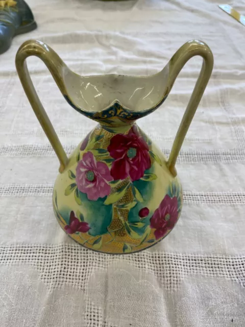 Antique Nippon Porcelain Hand Painted Double Handled Floral Vase