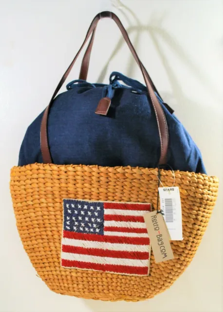 USA FLAG Straw Tote Bag Purse Blue Lined ~ Double Brown Leather Straps NWT