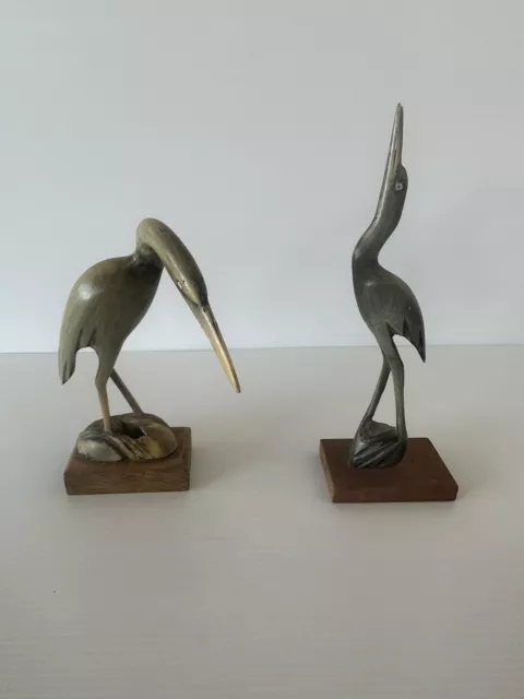 Vintage Pair Hand Carved Egrets Crane from Water Buffalo Horns on Wooden Base