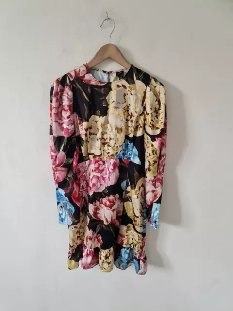 Abito Floreale River Island Satin Puff Ls Con Ruffle Taglia 10 Nuovo Con Etichette Imballo Originale £38