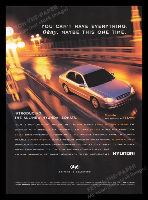 Hyundai 1990s Print Advertisement Ad 1999 Sonata Car Nighttime City Street