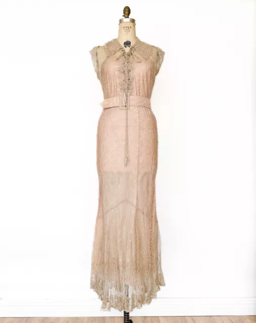 Rare 1930s 30s Sraeel & Jabaly Couture Sheer Lace Rhinestone Bias Cut Dress Gown