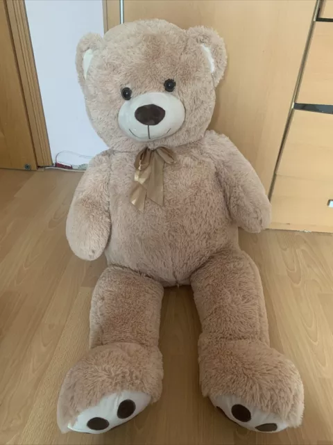 XXL teddy bear light brown fluffy with bow 100cm tall cuddly toy